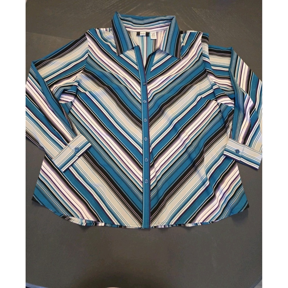 Studio 1940 Striped Button Down Shirt Teal Purple Chevron Blouse Plus 22/24W